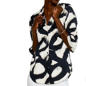 NIC+ZOE Black&White Artsy Print Cotton 1/2 Sleeve Ruffle Cuff Button Shirt NWT S
